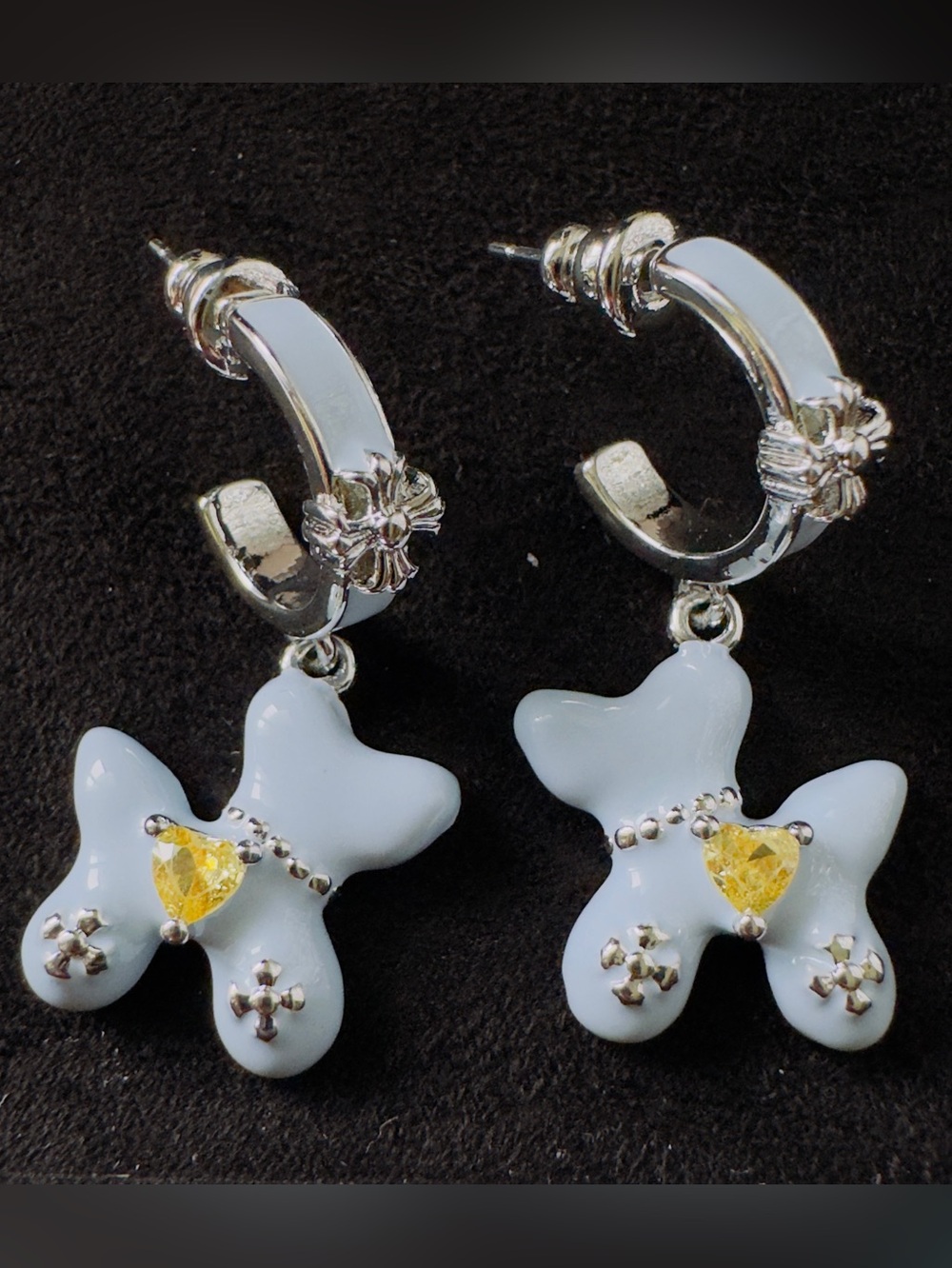 Silver Hoop Earrings with  Dog Charms and Yellow Gem